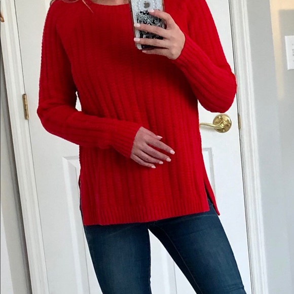 GAP Cherry Red Knit Sweater, Split Hem Crew Neck - Picture 8 of 8